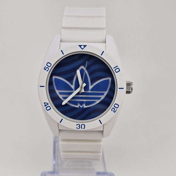 Adidas Men's Watch 41MM Blue White Dial White Plastic Bands New Battery - Picture 1 of 15